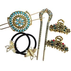 Vintage Style Gold Hair Accessory Set Bee Ties Turquoise Slide Floral Clips 6pc